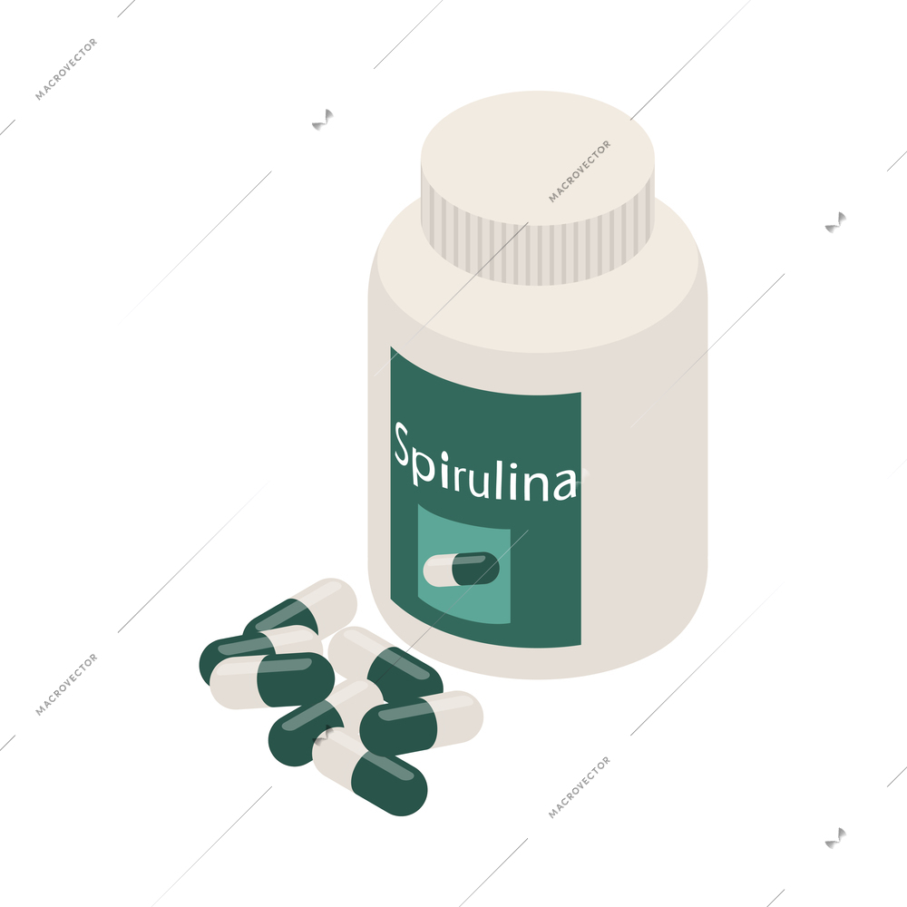 Spirulina isometric composition with view of spirulina pills in plastic can on blank background vector illustration