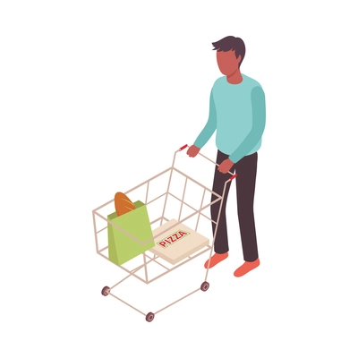 Supermarket isometric composition with isolated character of visitor with trolley cart on blank background vector illustration