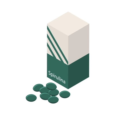 Spirulina isometric composition with view of spirulina pills with cardboard package on blank background vector illustration