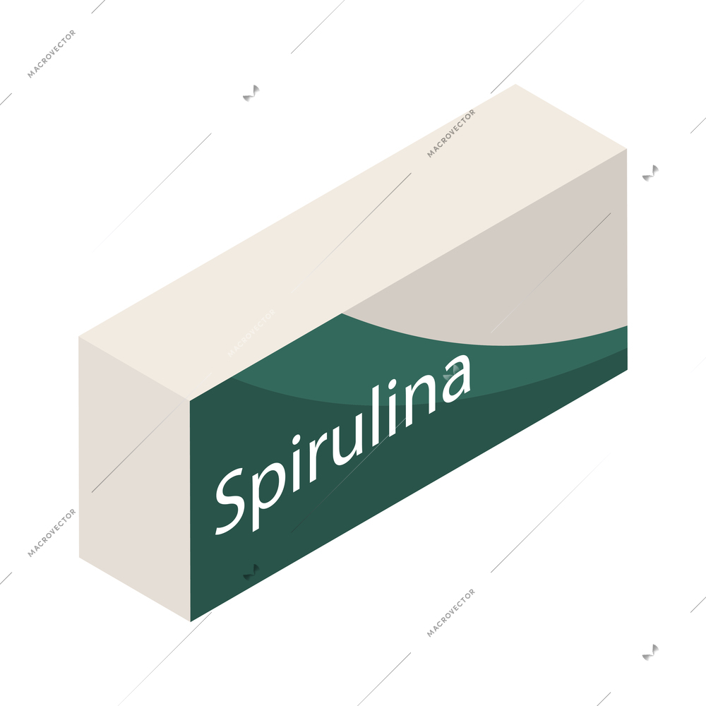 Spirulina isometric composition with view of branded spirulina cardboard package on blank background vector illustration