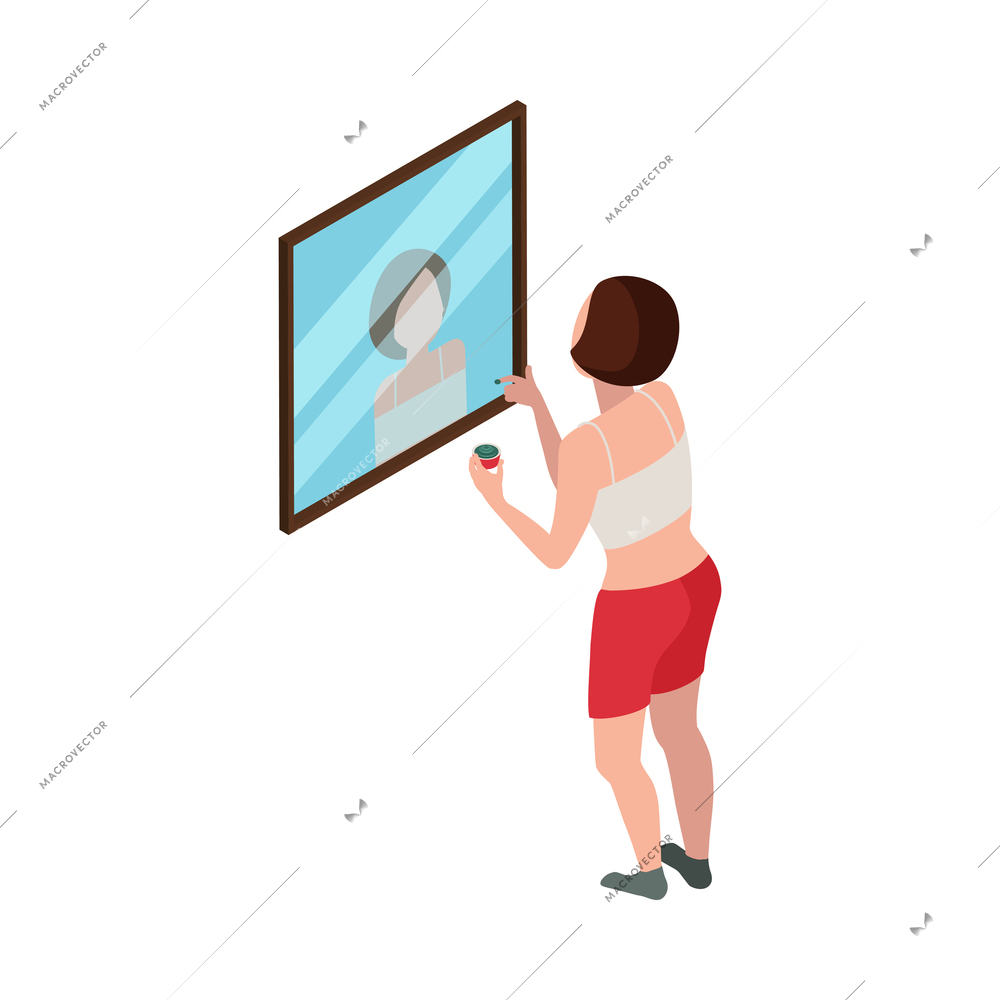 Spirulina isometric composition with view of woman applying spirulina cosmetics in front of mirror vector illustration