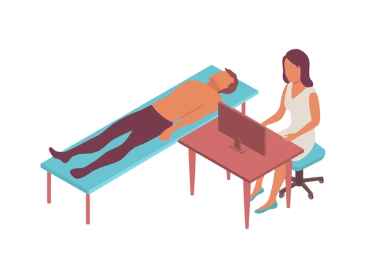 Intern medical students isometric composition with characters of lying patient and nurse at computer table vector illustration