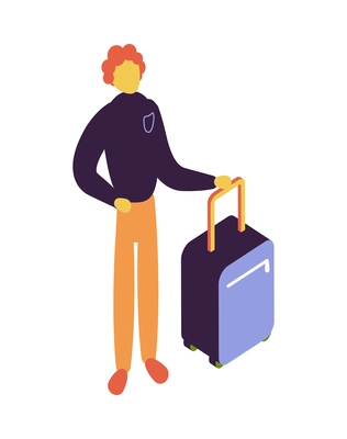 Hostel isometric composition with isolated character of man with suitcase on blank background vector illustration