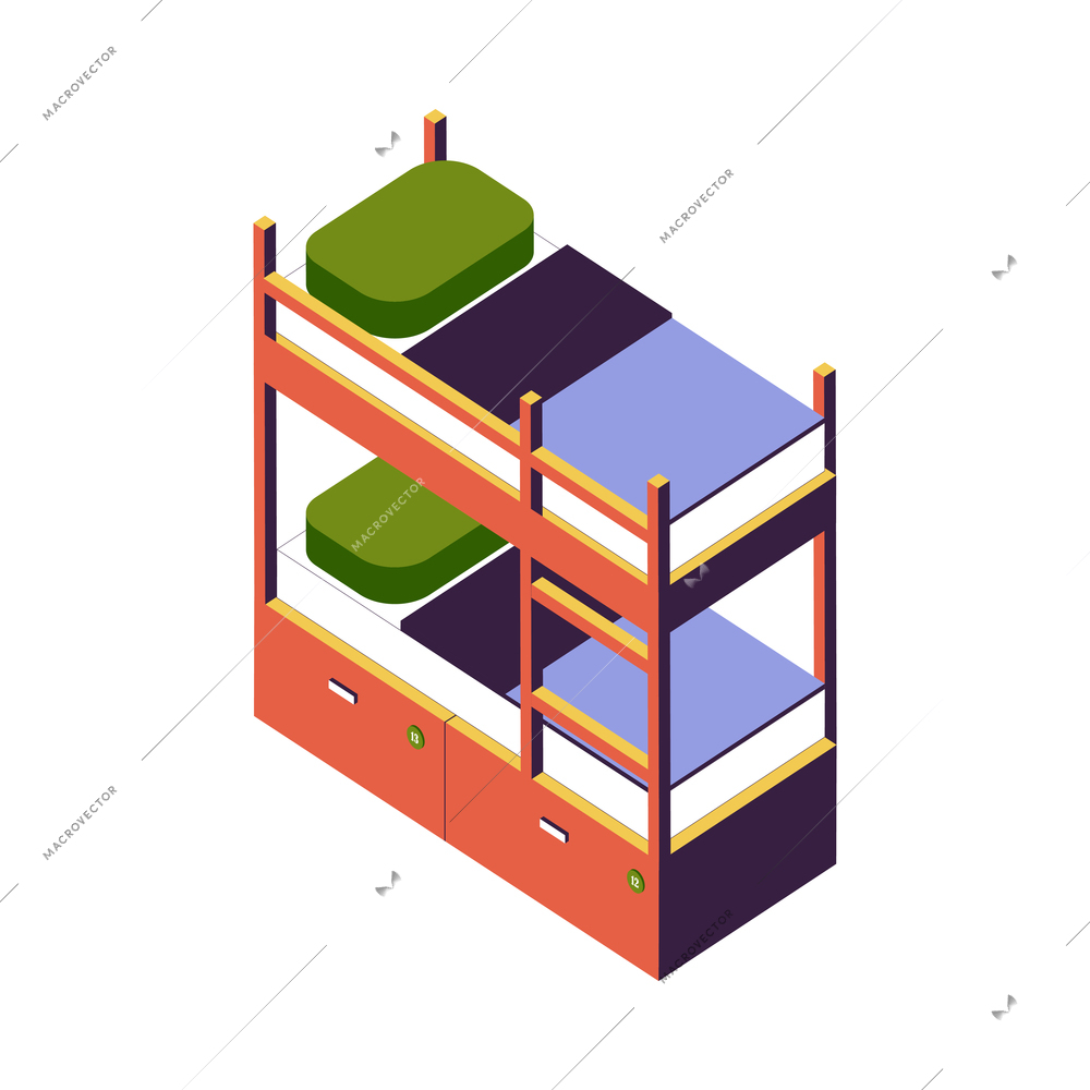 Hostel isometric composition with isolated image of bunk bed with bedlinen on blank background vector illustration