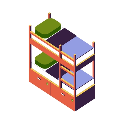 Hostel isometric composition with isolated image of bunk bed with bedlinen on blank background vector illustration