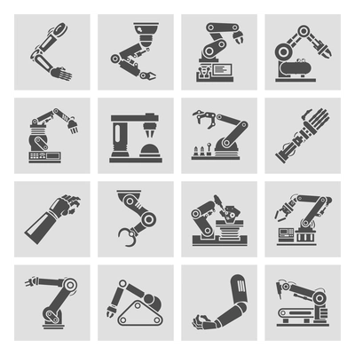 Robotic arm manufacture technology industry assembly mechanic black icons set isolated vector illustration