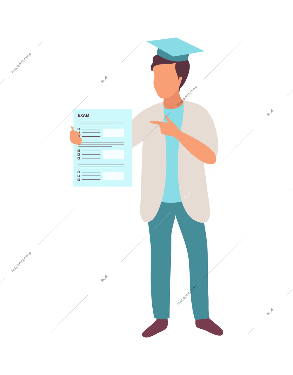 Intern medical students isometric composition with guy in academic hat with exam certificate vector illustration