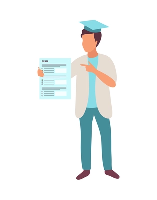 Intern medical students isometric composition with guy in academic hat with exam certificate vector illustration