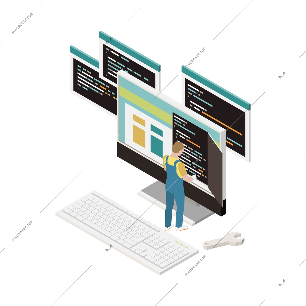 Programming development isometric composition with character of programmer and desktop computer with door in screen vector illustration