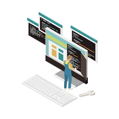 Programming development isometric composition with character of programmer and desktop computer with door in screen vector illustration