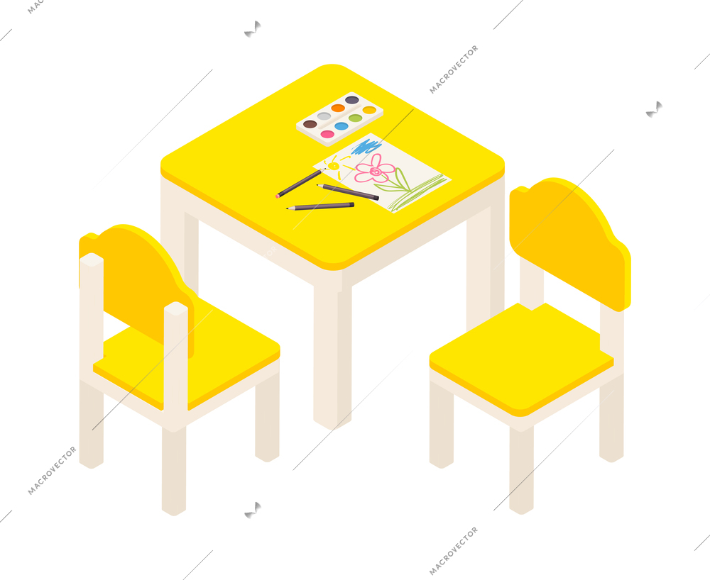 Kindergarten isometric composition with isolated images of chairs and table with drawing stuff on blank background vector illustration