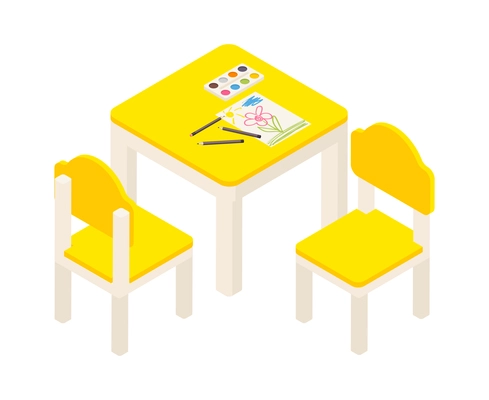 Kindergarten isometric composition with isolated images of chairs and table with drawing stuff on blank background vector illustration