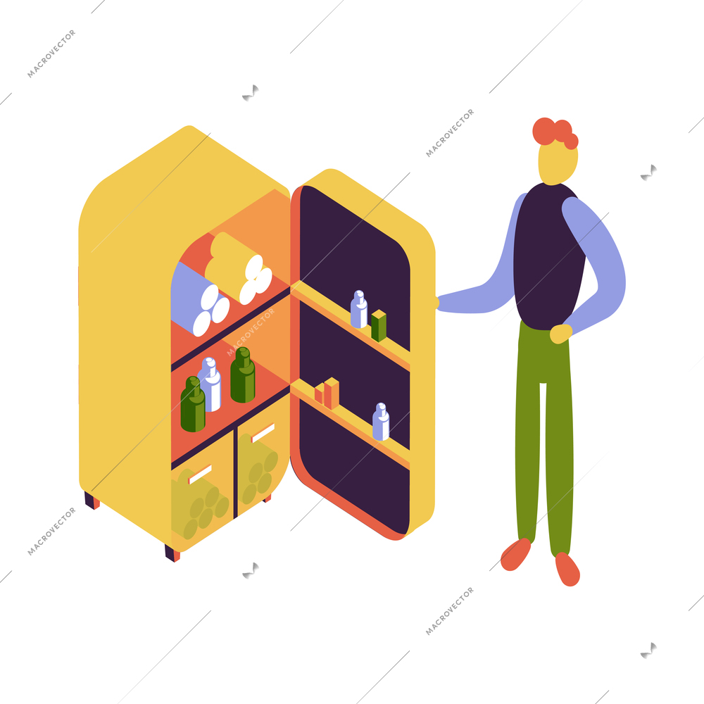 Hostel isometric composition with isolated image of fridge with products and male guest on blank background vector illustration