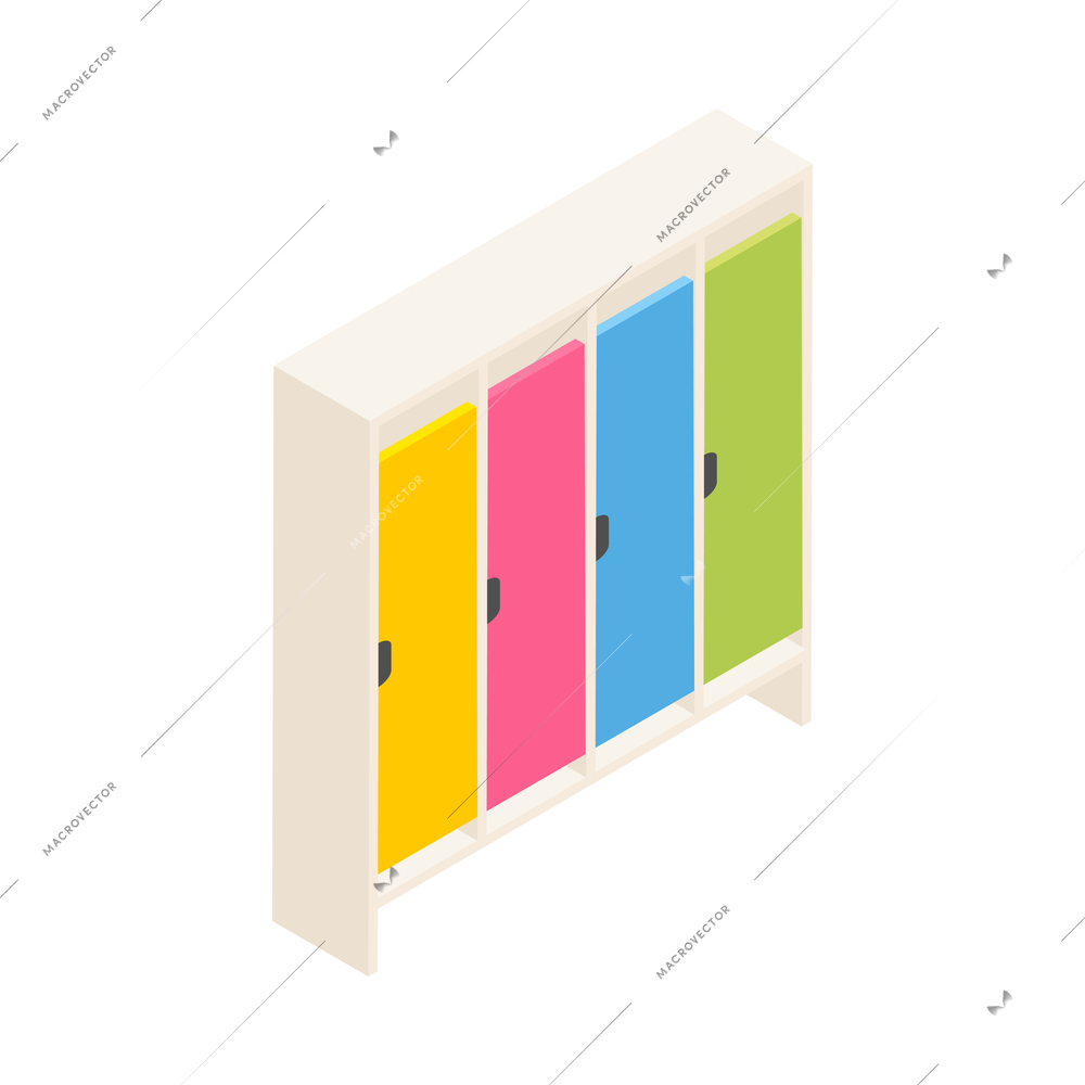 Kindergarten isometric composition with isolated image of cabinet with colorful lockers on blank background vector illustration