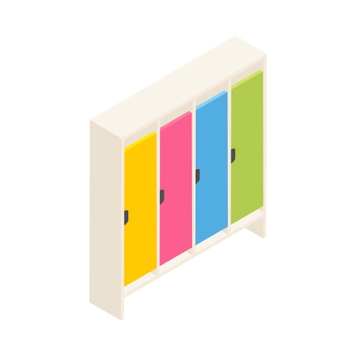 Kindergarten isometric composition with isolated image of cabinet with colorful lockers on blank background vector illustration