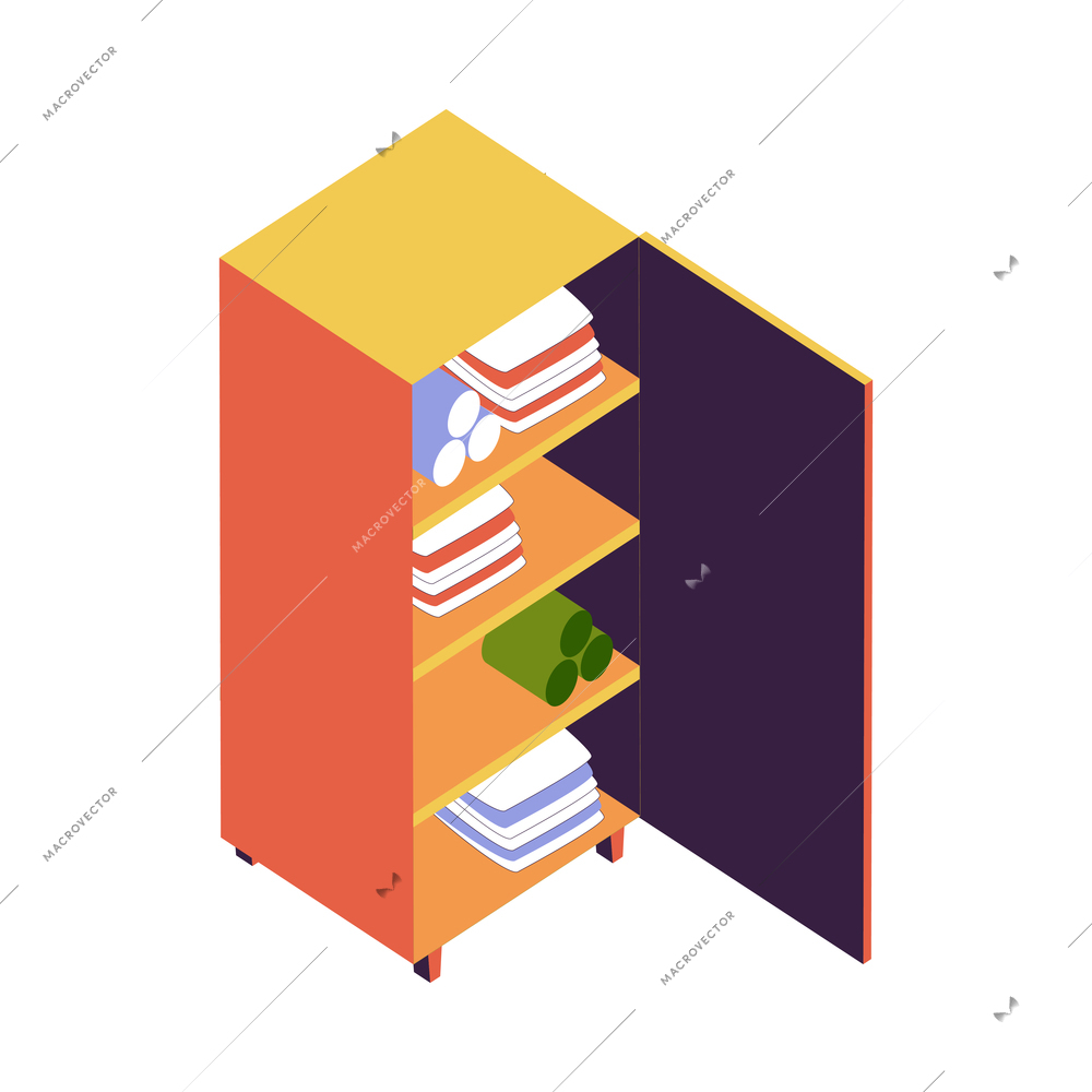 Hostel isometric composition with isolated image of cabinet with spare wipes and blankets on blank background vector illustration