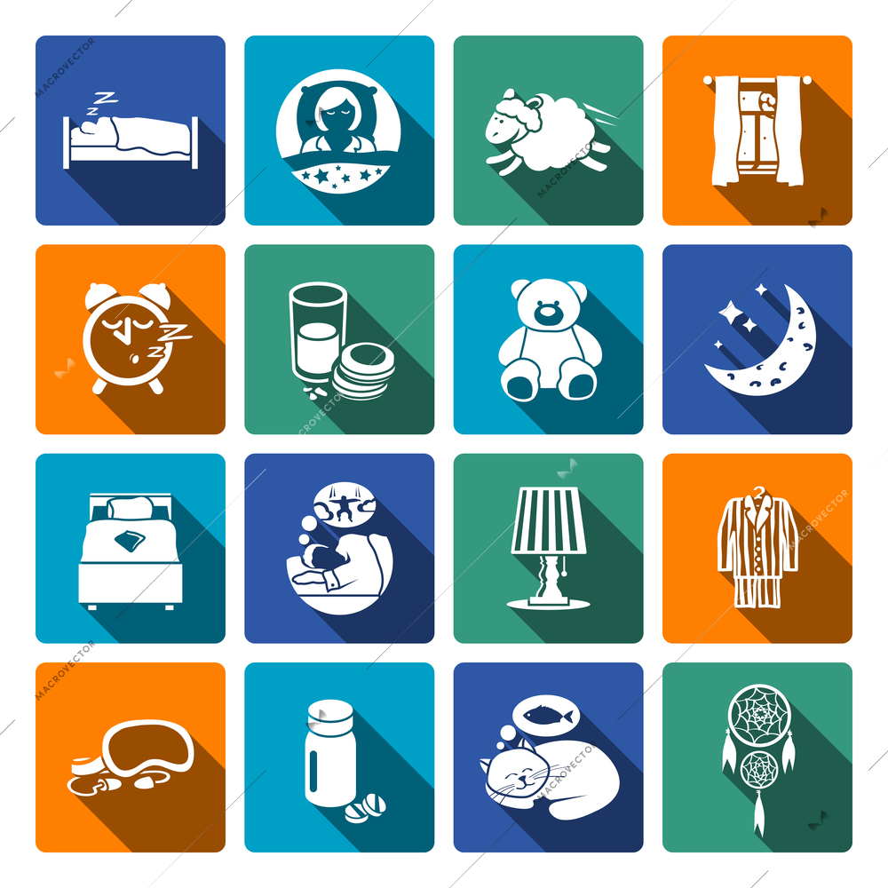 Sleep time icons flat set with bedroom night sweet dreams isolated vector illustration