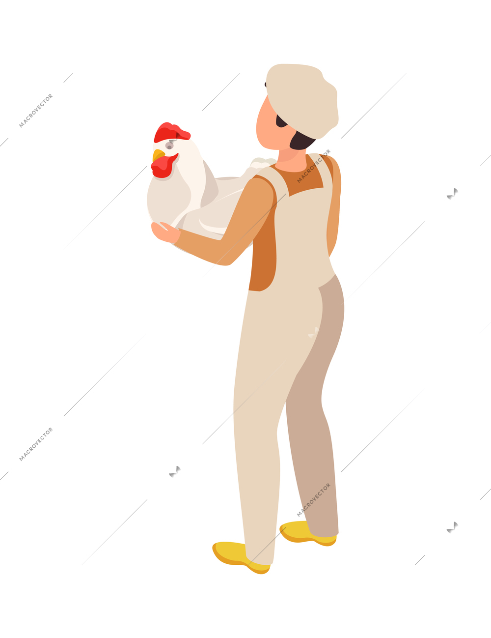 Chicken farm isometric composition with isolated character of factory worker carrying hen in arms vector illustration