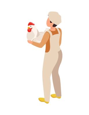 Chicken farm isometric composition with isolated character of factory worker carrying hen in arms vector illustration