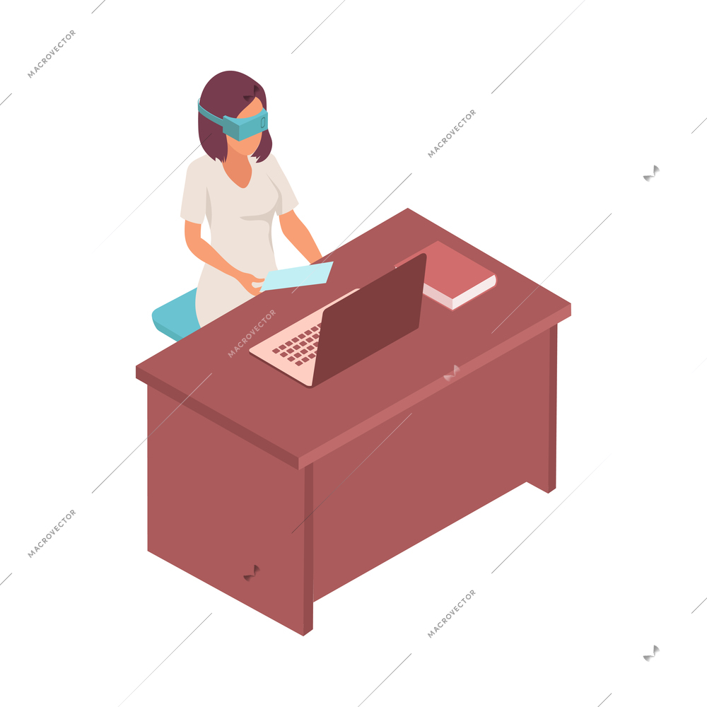 Intern medical students isometric composition with character of female doctor wearing vr headset at computer table vector illustration