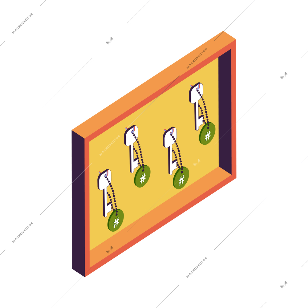 Hostel isometric composition with isolated image of plate with hanging keys on blank background vector illustration