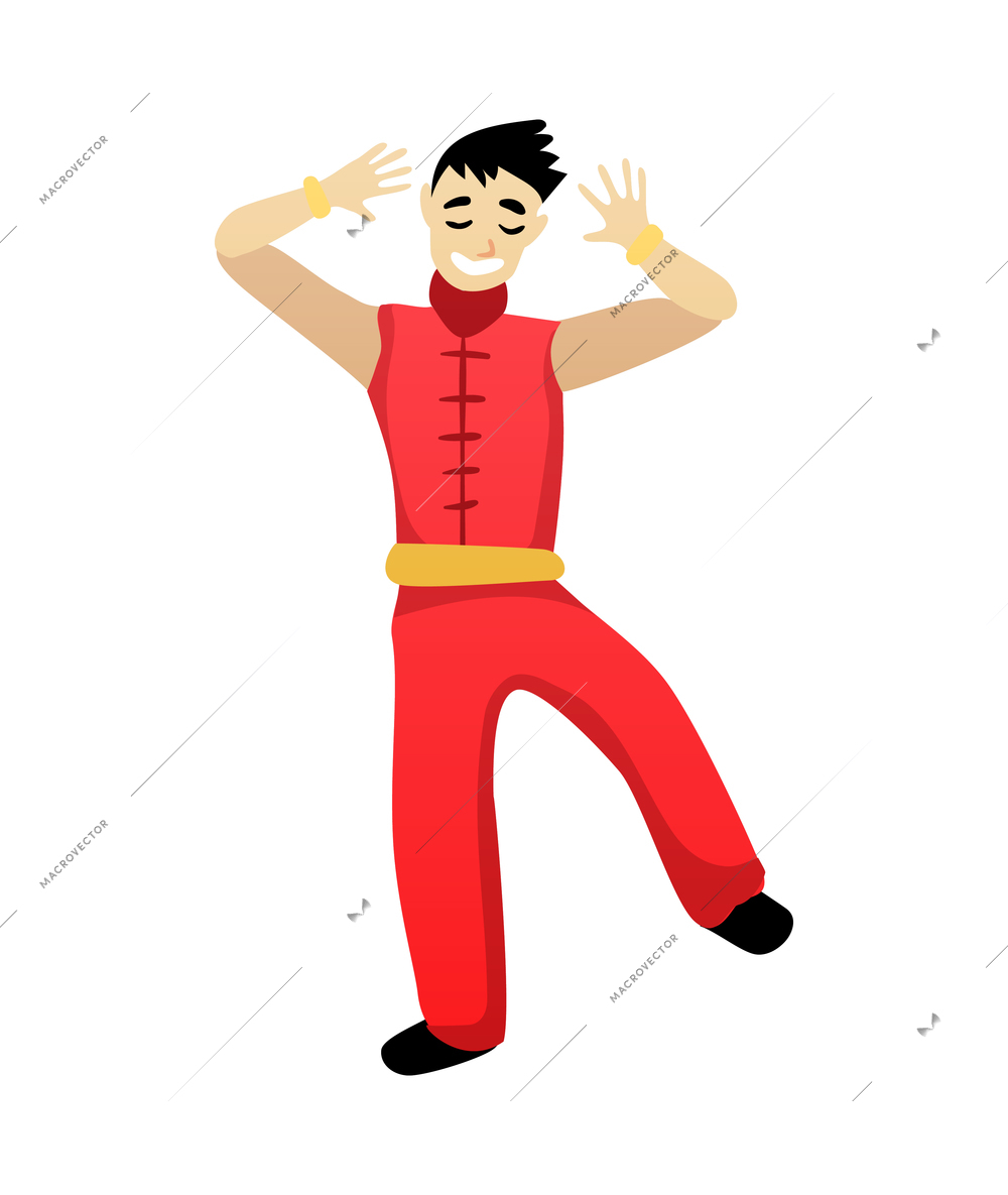 Chinese new year celebration composition with isolated human character of dancing guy wearing traditional costume vector illustration