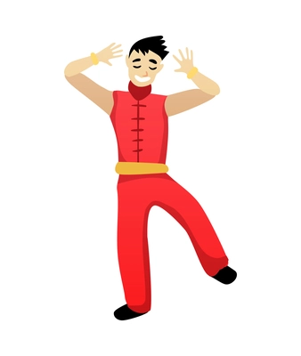 Chinese new year celebration composition with isolated human character of dancing guy wearing traditional costume vector illustration