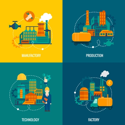 Factory flat icons set with manufactory production technology isolated vector illustration