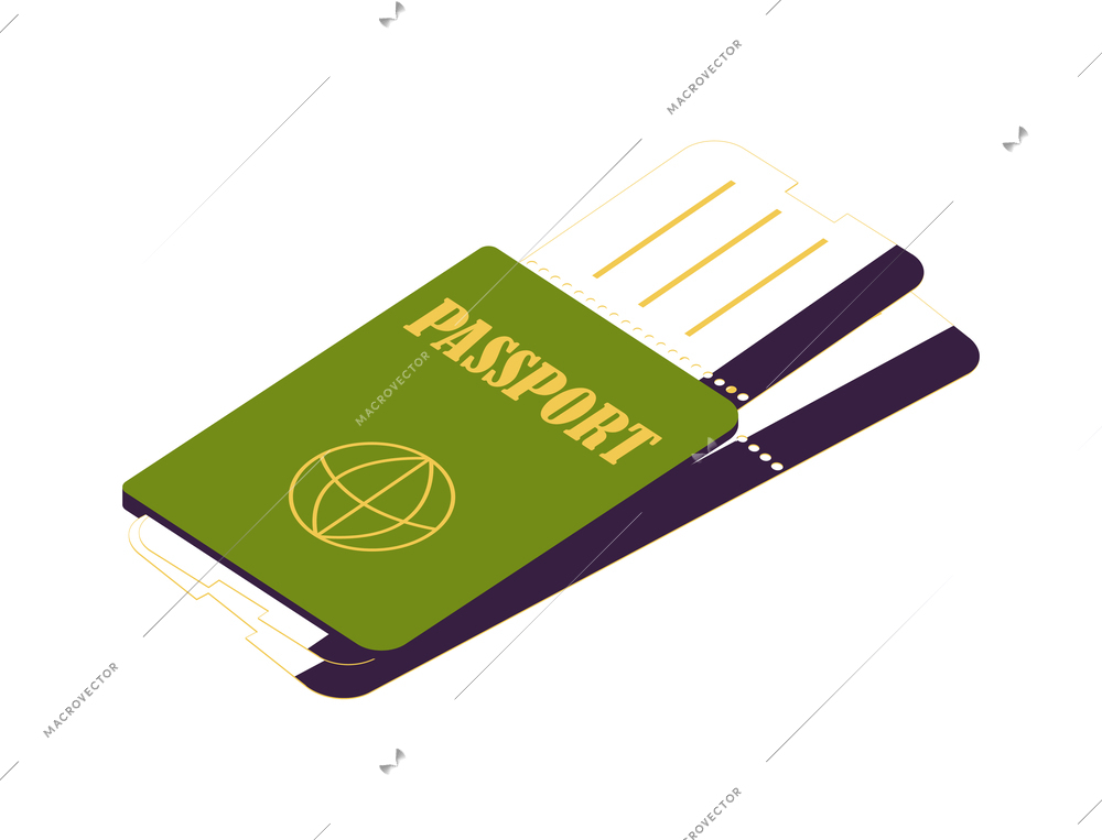 Hostel isometric composition with isolated image of passport with attached tickets on blank background vector illustration