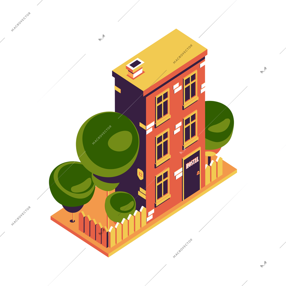 Hostel isometric composition with isolated view of town house with garden and trees on blank background vector illustration