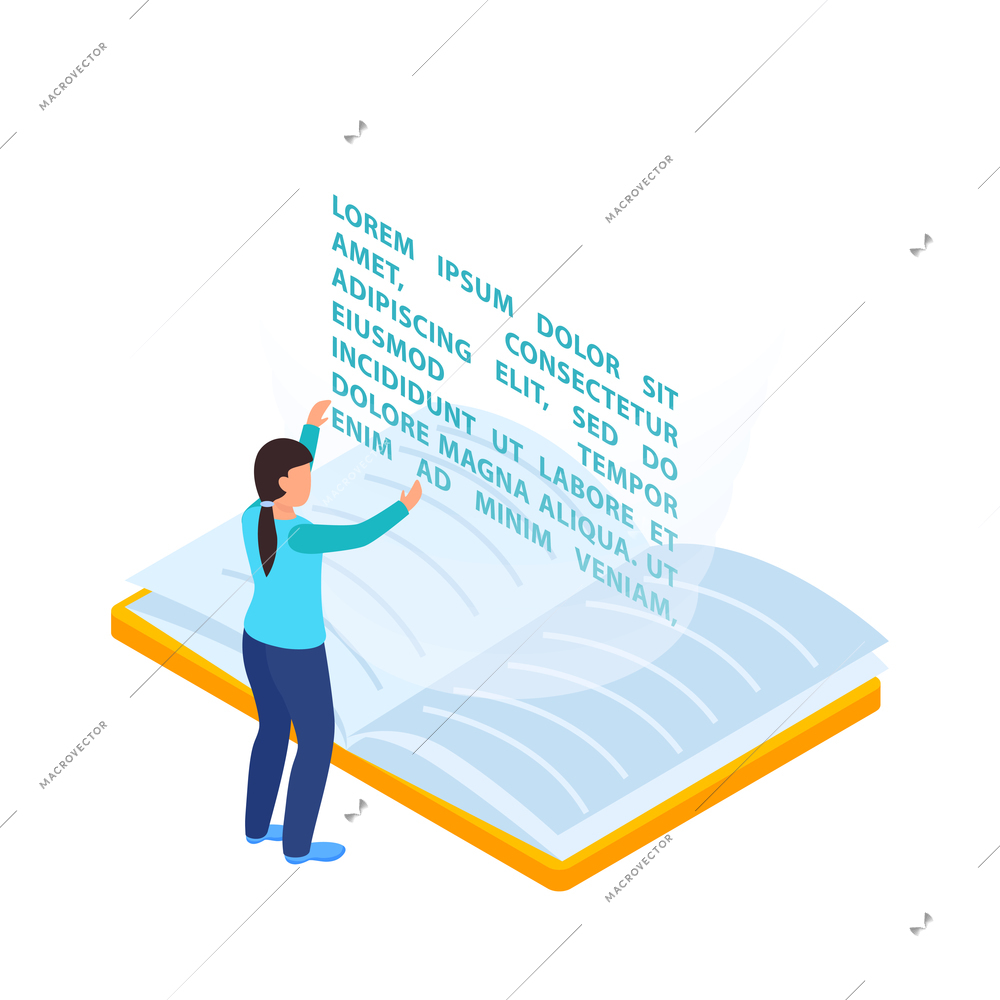 Virtual augmented information isometric composition with woman reading and editing holographic text with open book vector illustration