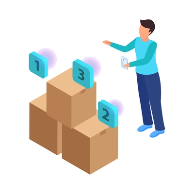 Virtual augmented information isometric composition with character of man moving boxes with smartphone vector illustration