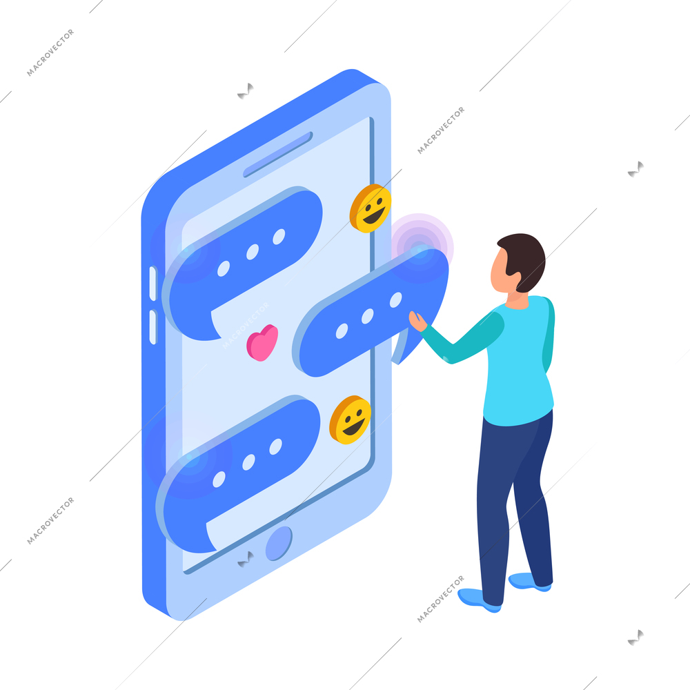 Virtual augmented information isometric composition with smartphone chat app and 3d bubbles with emoticons vector illustration