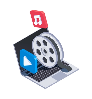 Social network isometric icons composition with isolated image of laptop with music and movie pictograms vector illustration