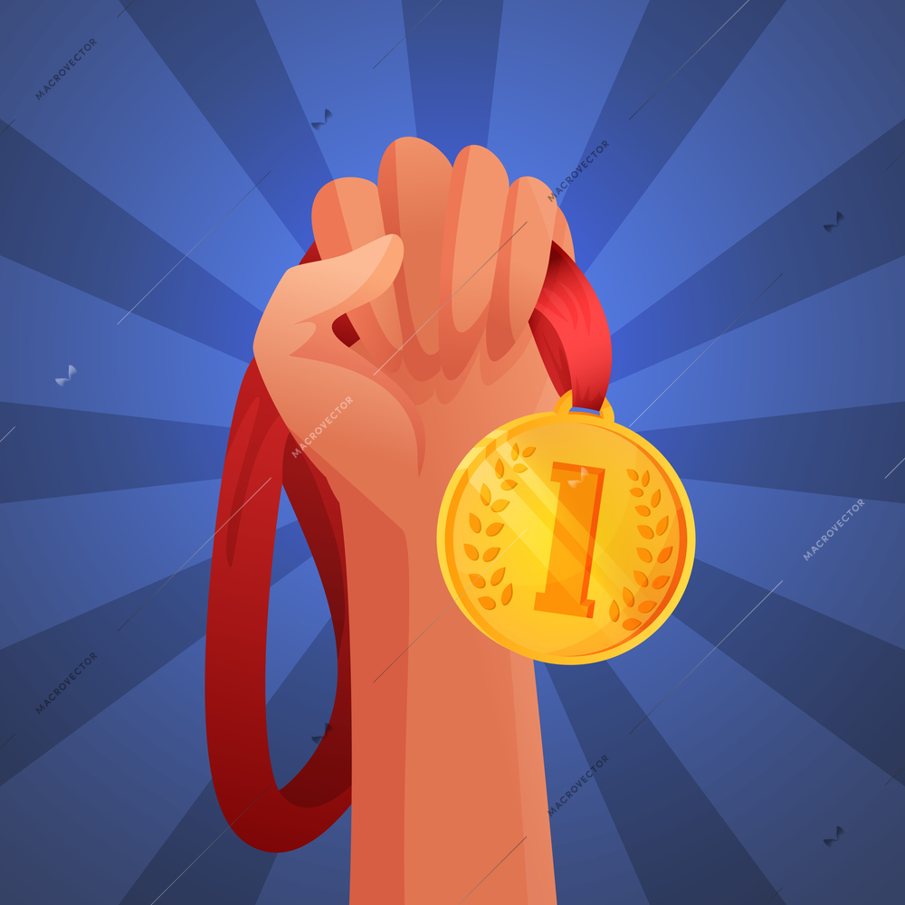 Hand holding winner victory golden medal commendation champion trophy vector illustration