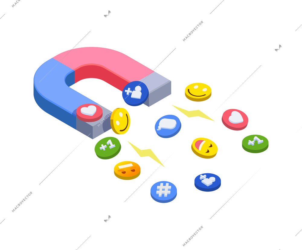 Social network isometric icons composition with isolated image of magnet with pictograms of reactions and likes vector illustration