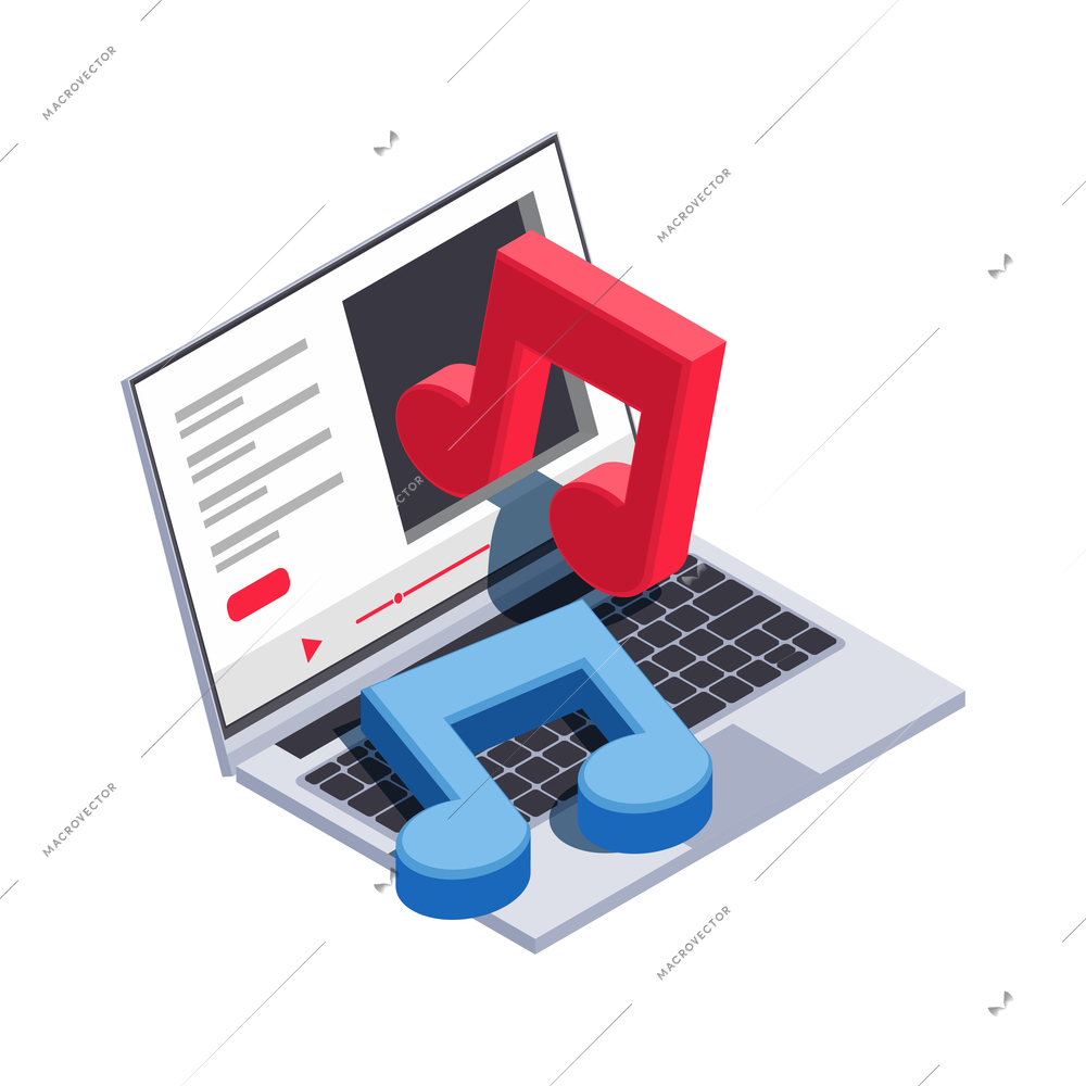 Social network isometric icons composition with isolated image of laptop with sound player and music notes vector illustration