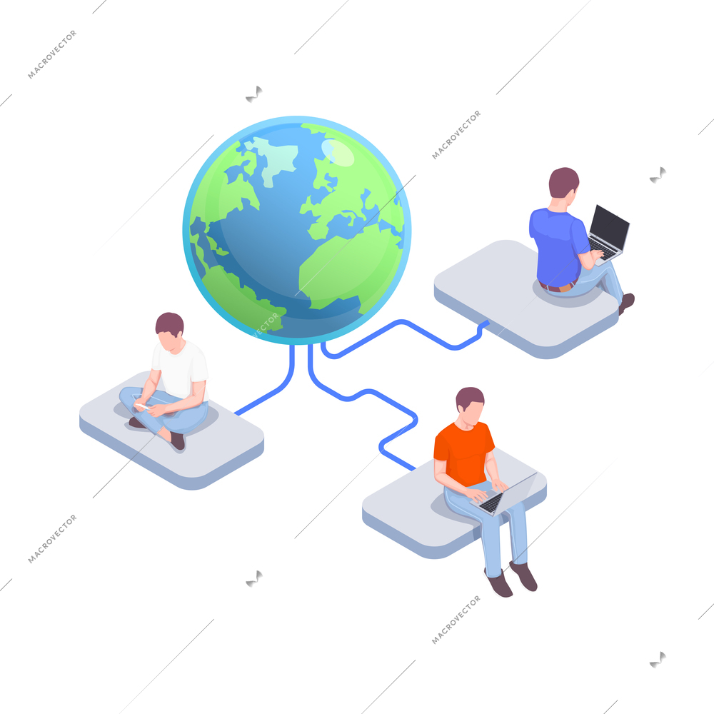 Social network isometric icons composition with characters of users with gadgets connected to earth globe vector illustration