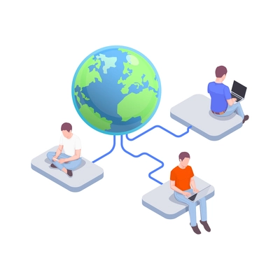 Social network isometric icons composition with characters of users with gadgets connected to earth globe vector illustration