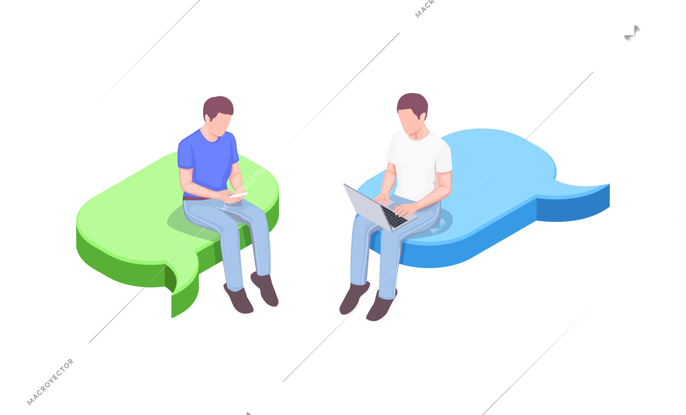 Social network isometric icons composition with characters of male users with gadgets sitting on chat bubbles vector illustration