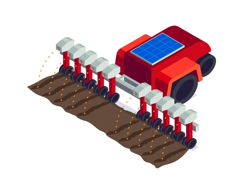 Isometric smart farm agriculture automation composition with view of unmanned combine machine scattering field with seeds vector illustration