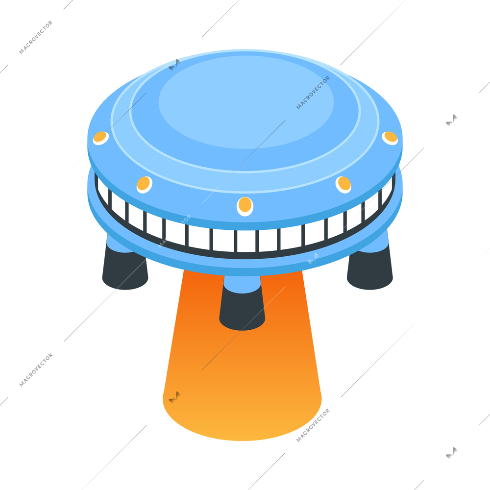 Isometric ufo alien space ship people composition with flying ufo with light ray on blank background vector illustration