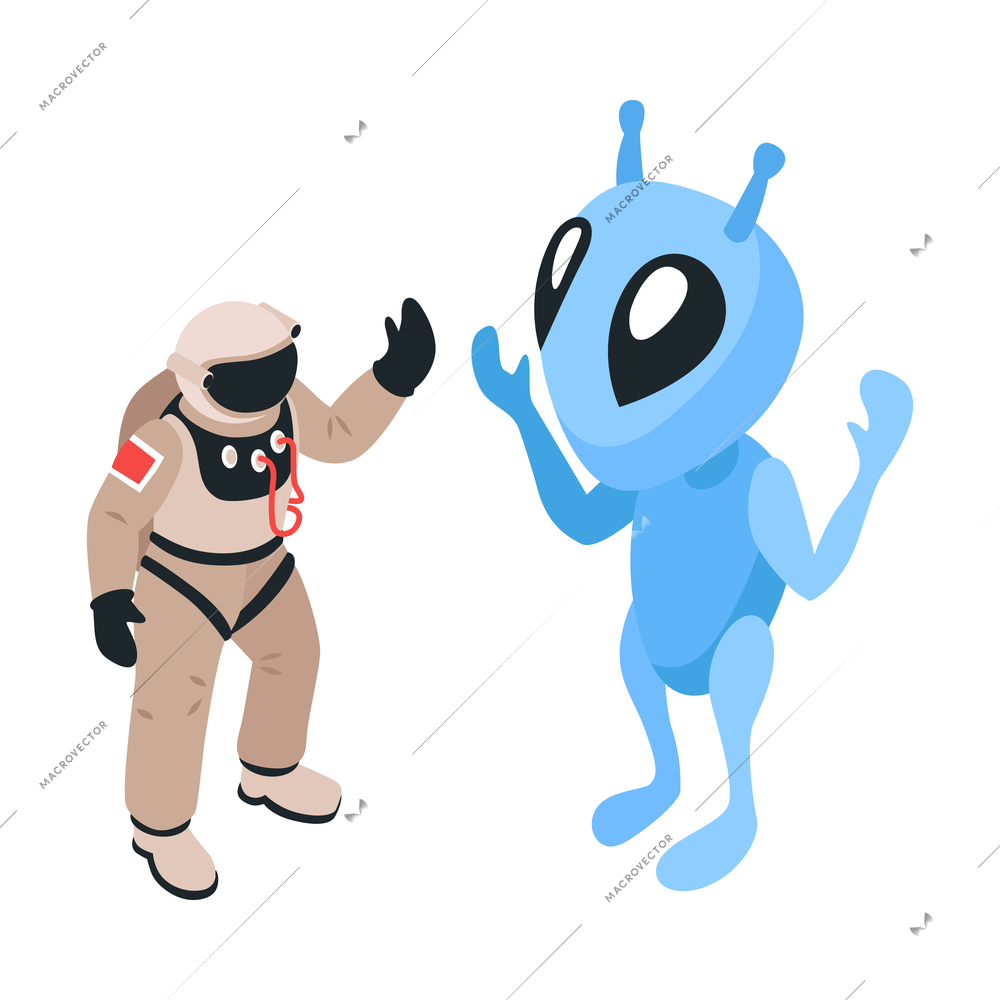 Isometric ufo alien space ship people composition with isolated view of encounter of alien and astronaut vector illustration