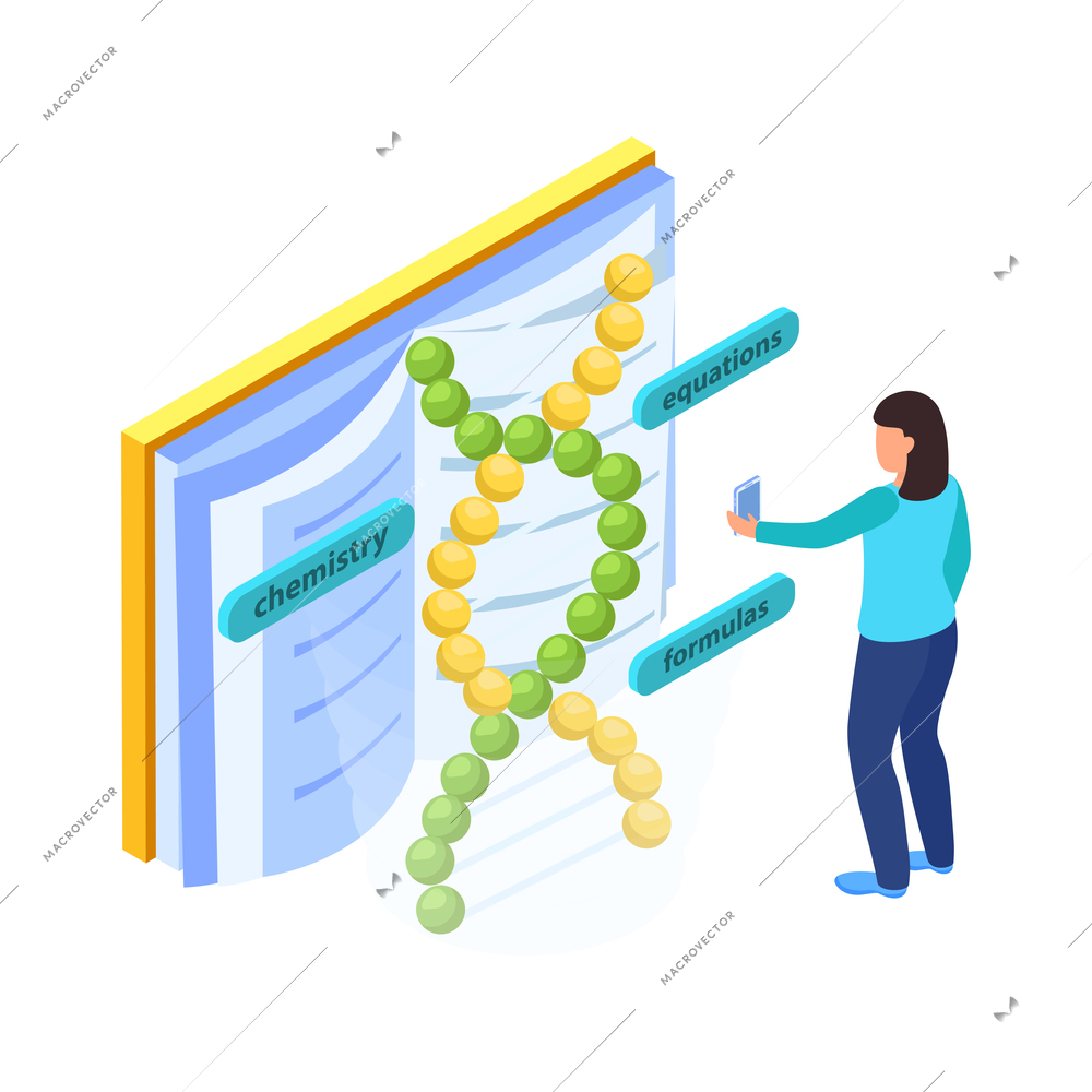 Virtual augmented information isometric composition with female character with smartphone tags book and dna structure vector illustration