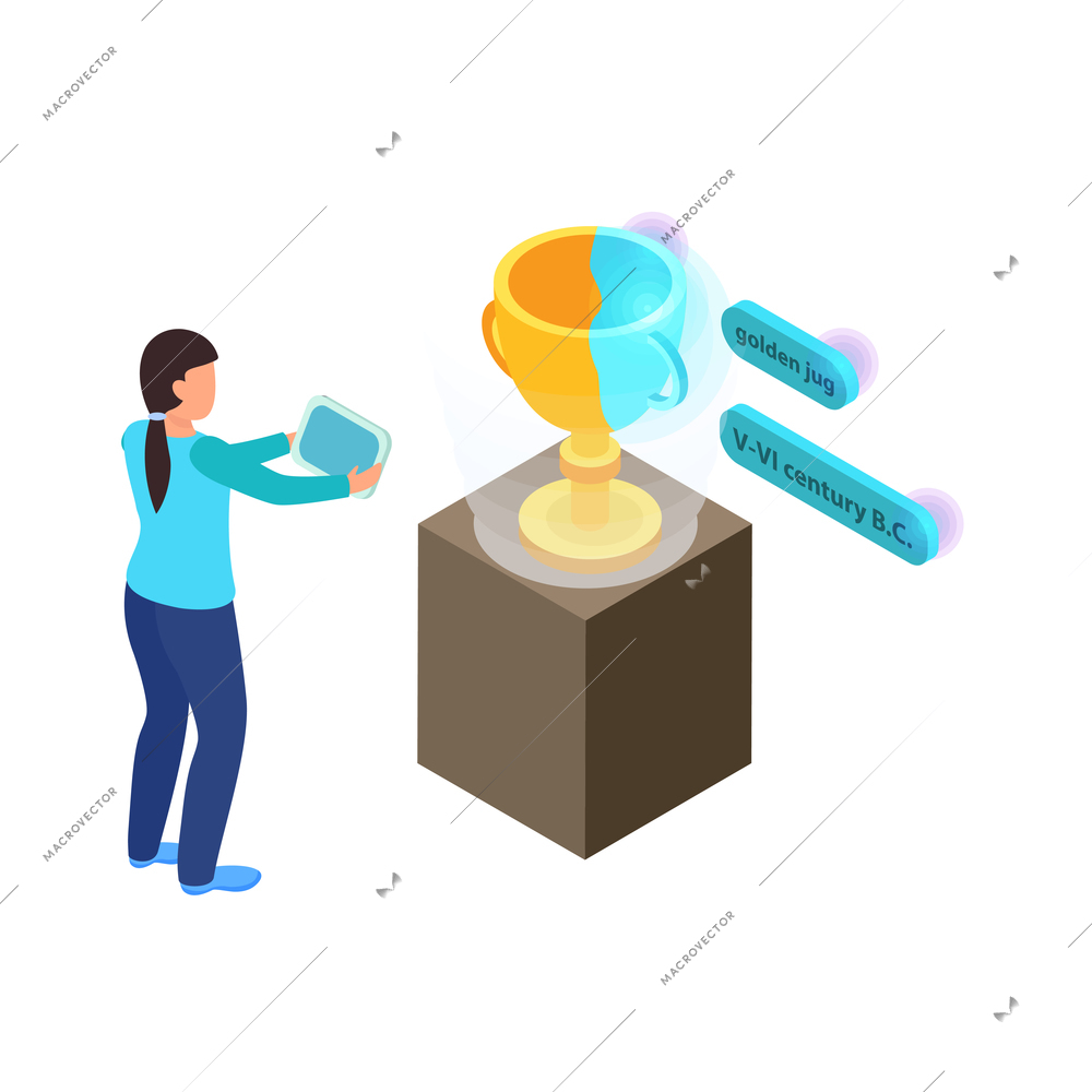 Virtual augmented information isometric composition with character of woman visualizing historic artifact with smartphone app vector illustration