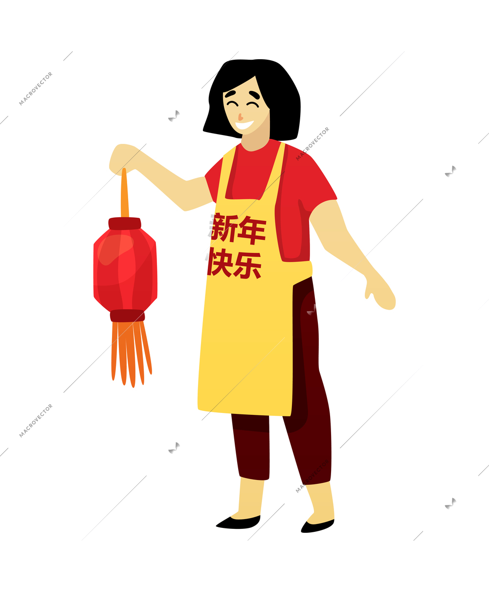 Chinese new year celebration composition with isolated human character of joyful girl with hanging lantern vector illustration