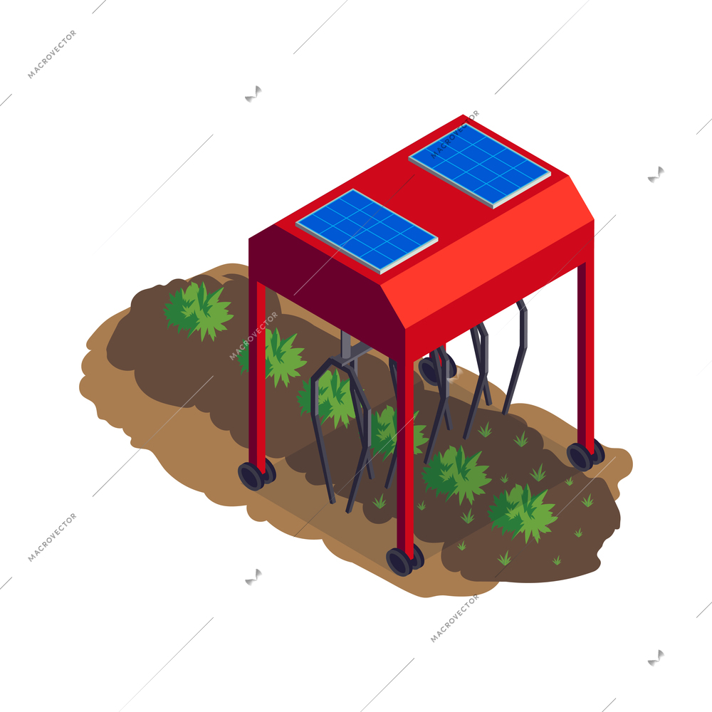 Isometric smart farm agriculture automation composition with solar energy powered machine for plant cultivation vector illustration
