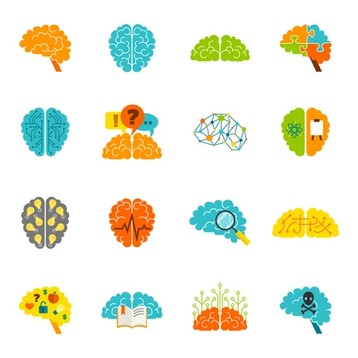 Human brain thinking intelligence memory strategy colored icons flat set isolated vector illustration