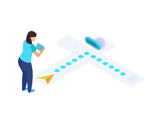 Virtual augmented information isometric composition with female character laying route with smartphone app vector illustration