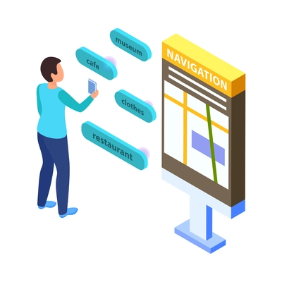 Virtual augmented information isometric composition with character of man holding smartphone with lightbox map tags vector illustration